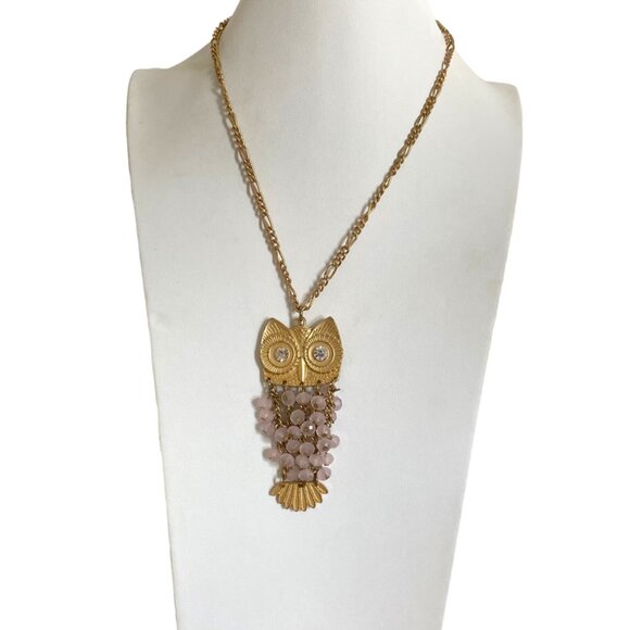 Gold Tone Owl Pendant Large Chain Necklace statement Pink beads - Picture 2 of 8